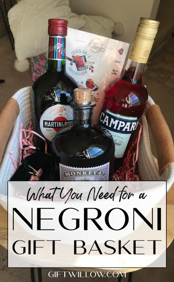 This Negroni gift basket idea is such a fun gift for men, bachelors and even a cool housewarming gift!  Cocktail gift baskets are always a fun idea and this is an extra special one.